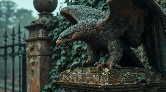 Majestic eagle bronze statue on stone gate pillar with ivy wall