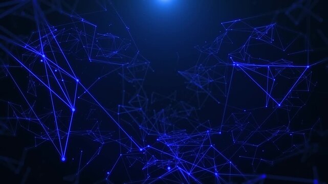 Abstract digital low poly data network flowing 4K motion slow fly through scene on blue background