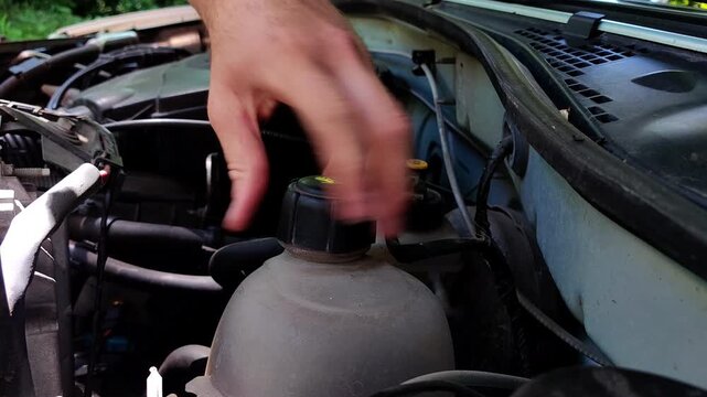 Opening coolant reservoir cap under vehicle hood, automotive maintenance routine, engine system inspection, car care.