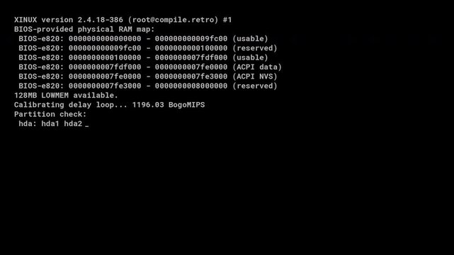 Classic Linux Kernel Boot Sequence Startup Log Terminal Screen Server Initialization Retro CRT 4K Video Display Concept