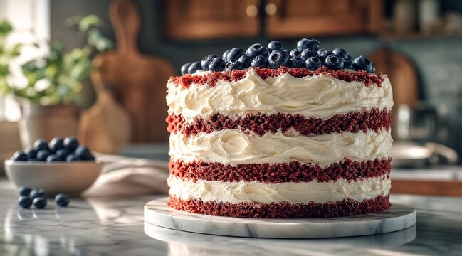 Layered red velvet cake with frosting and blueberries on marble stand