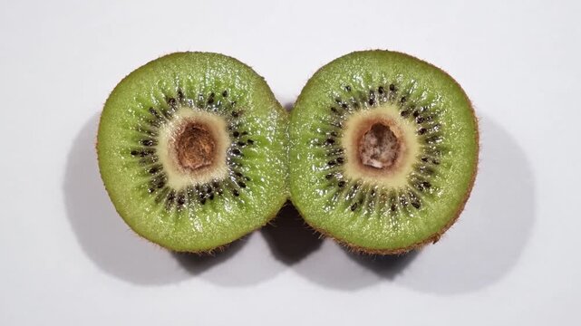 Close-up one fresh kiwi is cut in half on a white background. Rot in the center of the fruit. A spoiled product. Mold inside. Top view. Bad condition. Pareidolia - wide-open surprised eyes. Like face.