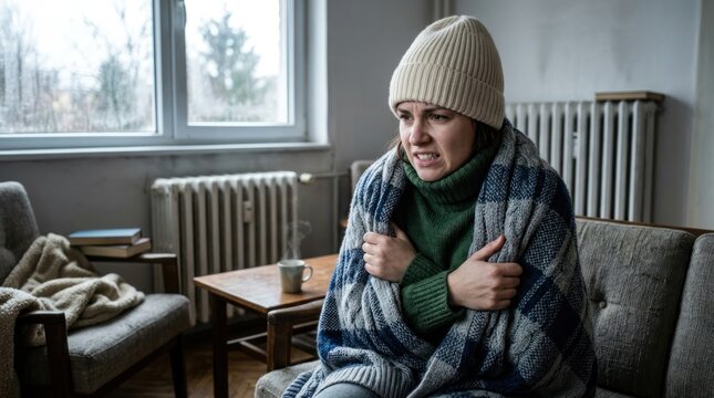 A young woman sits wrapped in a blanket on a sofa, visibly shivering and clutching her chest in discomfort. She wears a knitted hat and a green sweater.