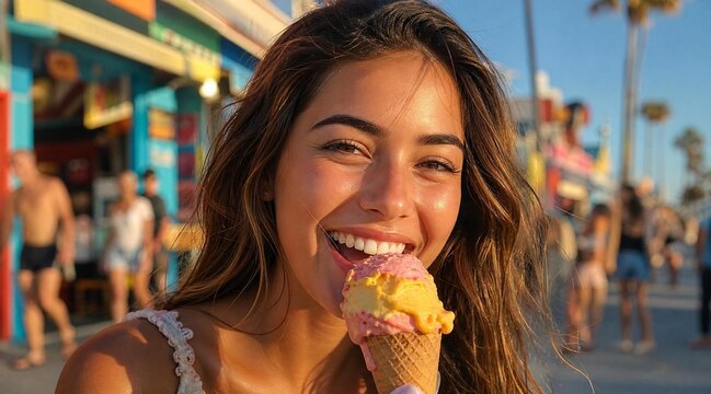Smiling Young Woman Eating Ice Cream at Sunny Beach