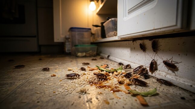 Several cockroaches crawl across a kitchen floor littered with crumbs and food debris. The insects are illuminated by a light shining from above, creating a dramatic and unsettling scene.