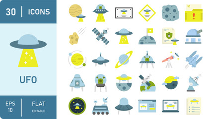Fototapeta premium Collection of UFO, spacecraft, and space elements flat icon set, alien, astronomy, universe, galaxy