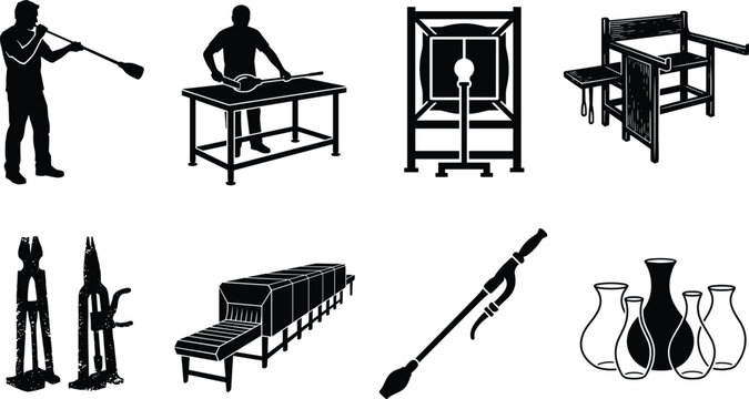 Set of black and white icons representing glassblowing art, studio workshop equipment, glassblower silhouettes, tools, annealing kiln, and glass vases.