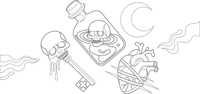Gothic inspired objects in outline drawing featuring a skull, potion, heart, and crescent moon