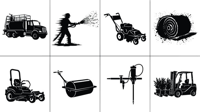 Set of black and white icons representing commercial landscaping equipment, lawn care services, hydroseeding machinery, and turf maintenance.
