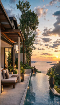 Infinity pool terrace of luxury tropical seaside resort with infinity tropical vacation architecture furniture landscape relaxing sunlight paradise lifestyle tranquil destination