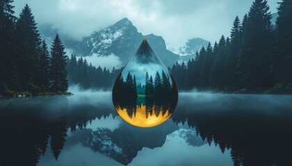 Obraz premium Misty lake forest mountain reflection drop golden transparent pine landscape