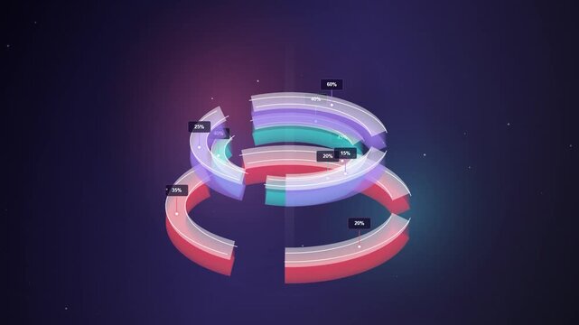 Floating 3d pie chart rings animation seamless loop, frosted glass donut chart data visualization background