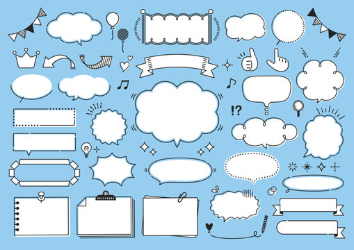 Hand-drawn speech bubbles, frames, and decorative elements set