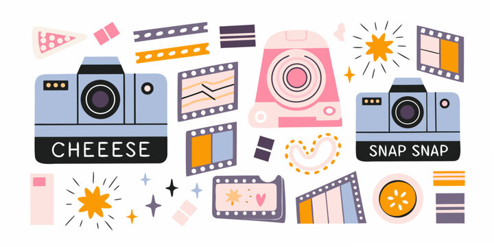 Instant Cameras And Film Strips Colorful Vector Illustration