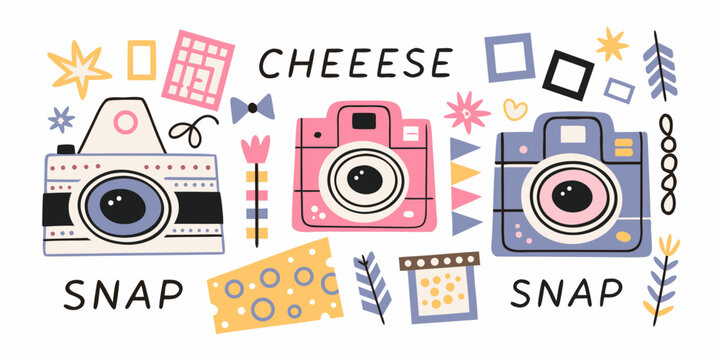 Vintage Instant Cameras And Photography Elements Colorful Vector Illustration