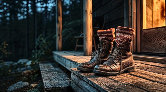 Leather boots and wool socks on a rustic cabin porch at night.