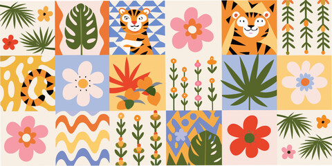 Tropical Jungle Animals And Floral Pattern Featuring Tigers Leaves And Flowers © Ganesh