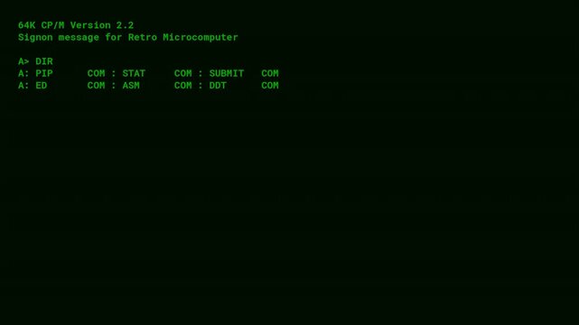 Retro 1980s CPM Operating System Boot Directory Prompt Green Screen CRT Monitor Startup 4K Video Display Concept