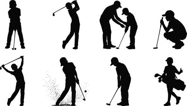 Junior Golf Player Silhouette Vector Set Featuring Youth Athletes Swinging Coaching and Training Action Poses