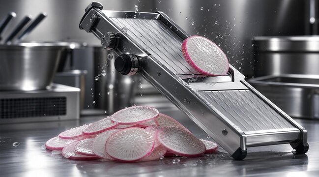 Mandoline Slicer Cutting Fresh Red Radish Slices with Water Splashes