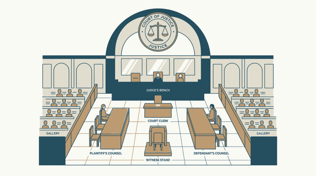 Flat vector illustration of a courtroom interior with judge bench and legal seating.