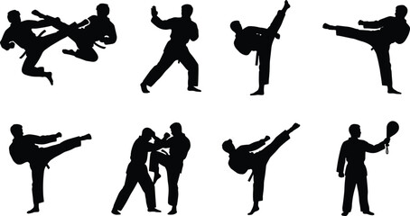 Martial arts training and combat black vector silhouette icon set featuring karate taekwondo high kicks sparring and target elements © MstEsmotara