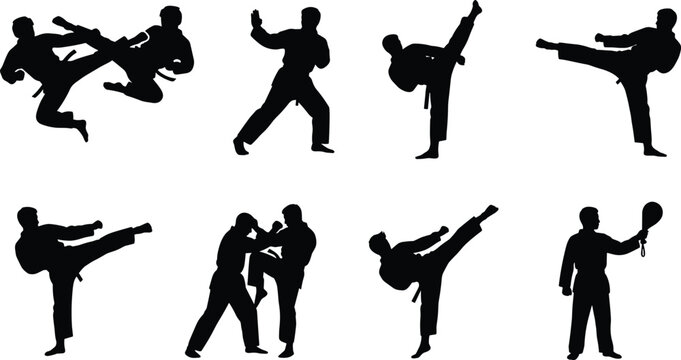 Martial arts training and combat black vector silhouette icon set featuring karate taekwondo high kicks sparring and target elements