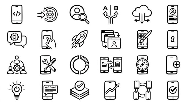 Collection of hand-drawn icons representing mobile app development and technology concepts.