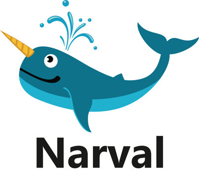 Cute Narwhal Cartoon Vector Illustration Floating Whale with Horn and Water Splash Icon