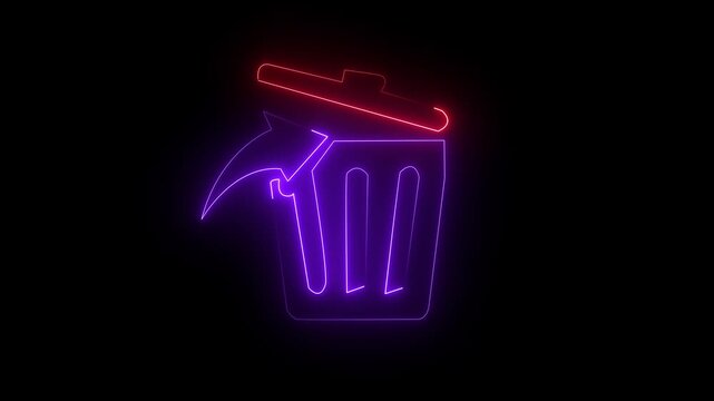 Trash can icon featuring a dual-colored neon outline in purple and red stands out against a deep black background, highlighting the function of permanent removal of data from digital user interfaces.