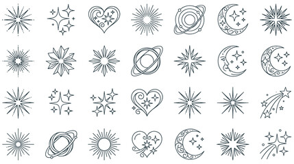 Set of hand drawn celestial elements with stars planets and moon phases. © SABIKUNNAHAR