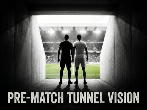 Dynamic view of two professional soccer players emerging from a dark stadium tunnel, gazing at the brightly lit football pitch, symbolizing pre-match focus, anticipation, and the Champions atmosphere