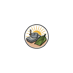 Traditional Stone Rice Grinding Mill With Wooden Pestle Handle Surrounded By Green Palm Leaves Under Golden Sunrise Rays, Vintage Circular Badge Vector Illustration © enola