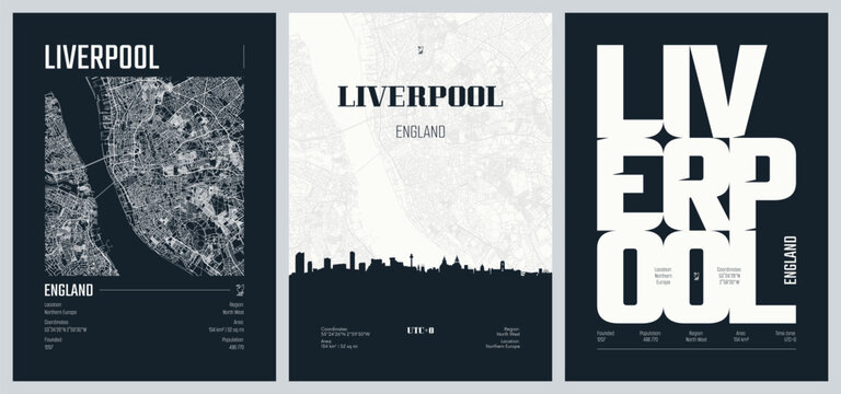 Detailed street plan city map Liverpool is a port city and metropolitan borough in Merseyside, England, Vector set of travel posters, Silhouette skyline artwork, kit 2