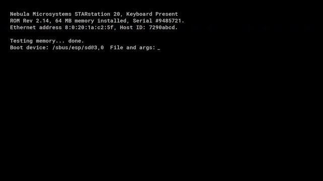 Classic Unix Mainframe OpenBoot Sequence Network Server Startup Terminal Retro CRT Monitor 4K Video Display Concept