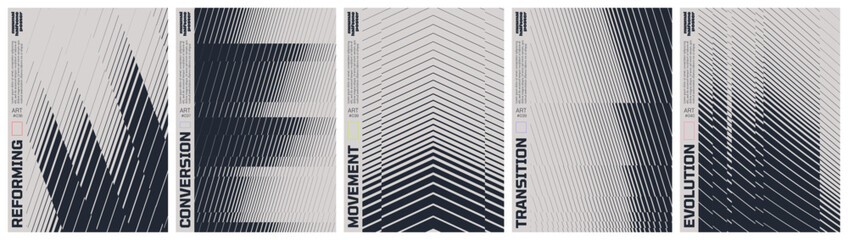Fototapeta na wymiar Monochrome technical line grid poster set with kinetic halftone distortion patterns, Minimalist geometric visual transformation and abstract structural evolution artwork with transition effect