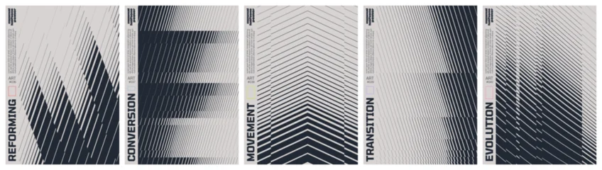 Monochrome technical line grid poster set with kinetic halftone distortion patterns, Minimalist geometric visual transformation and abstract structural evolution artwork with transition effect © max_776