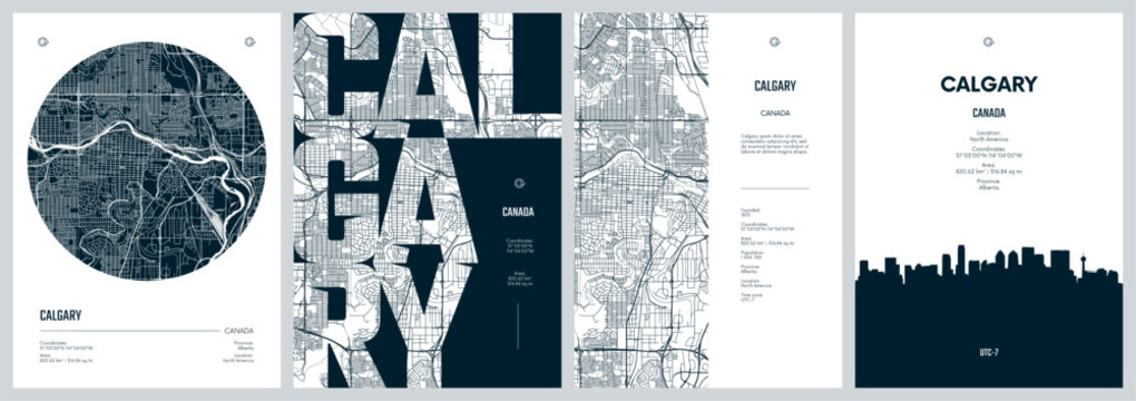 Set of travel posters design with street plan Calgary is the largest city in the Canadian province of Alberta, Silhouette city skyline, vector artwork, Monochrome printable detailed urban city map