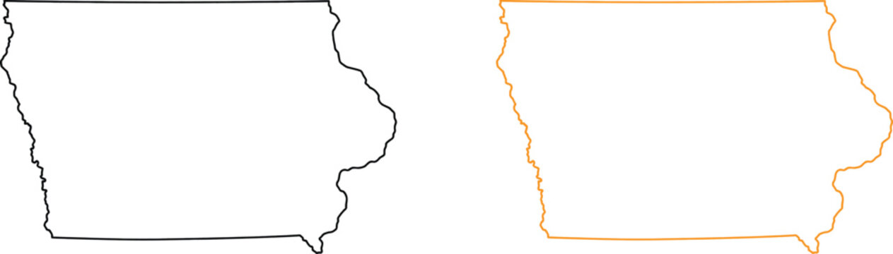 Black and orange outline map of iowa state on a simple flat design