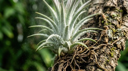 Fototapeta premium Tillandsia Air Plant Bromeliad Close Up Dark Background Exotic Nature Photo