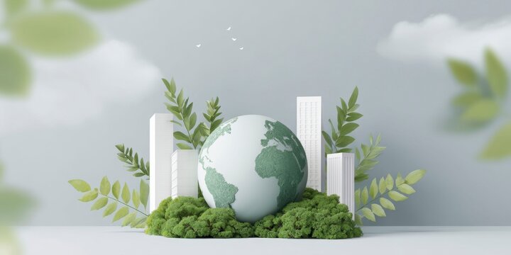 a globe with greenery and sustainable buildings, symbolizing environmental sustainability for world wildlife day.