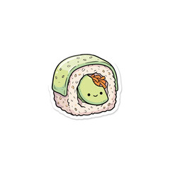 Cute Smiling Avocado Maki Sushi Roll Wrapped In Nori Seaweed With Sesame Sprinkled Rice Presented As Die‑Cut Sticker Vector Illustration © enola