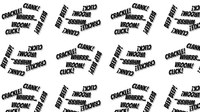Seamless Looping Pattern Animation Of Comic Book Style Mechanical Sound Effects On A Flat White Background. Features Bold Retro Onomatopoeia Text Like Beep, Vroom, Whirr, Click, Clank, And Crackle