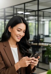 Fototapeta premium Happy Young Asian Professional Woman Checking Her Smartphone in a Modern Corporate Office