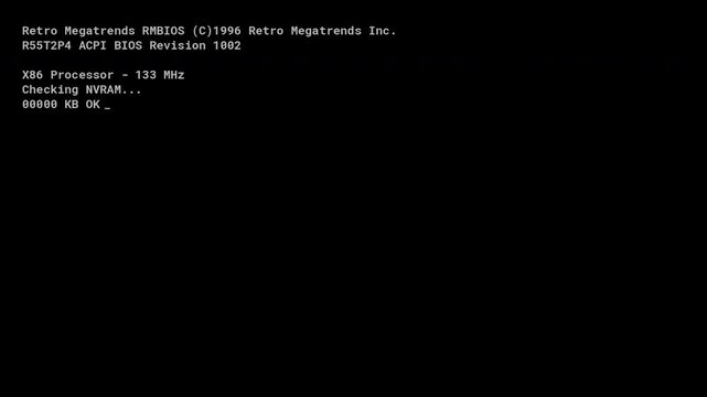Old School 90s PC BIOS Boot Screen Memory Test Startup Sequence Retro Monitor CRT 4K Video Background Display Concept