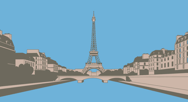 Stylized illustration of the Eiffel Tower and Seine river in Paris France.