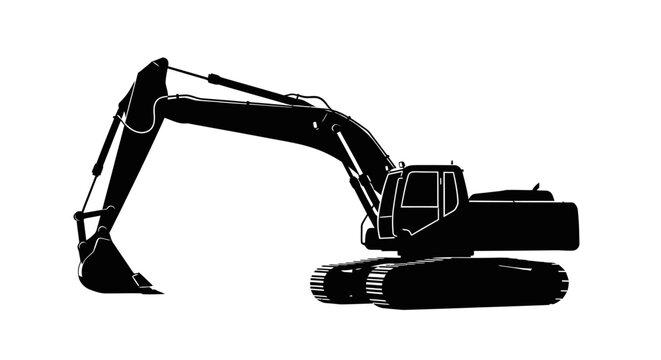 Black silhouette of a heavy construction excavator isolated on a white background.