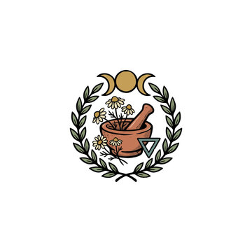Triple Moon Goddess Emblem Positioned Above A Laurel Wreath, Accompanied By A Wooden Mortar And Pestle, Chamomile Blossoms And An Alchemical Triangle, Mystical Vector Illustration