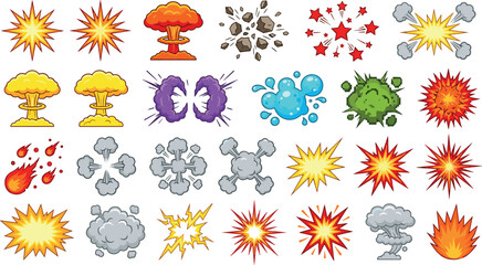 Comic Explosion Vector Icon Set Featuring Isolated Bomb Blasts, Smoke Clouds, Fire Flames, and Dynamic Pop Art Effect Elements for Game Design and Graphic Illustrations © mdtaleb