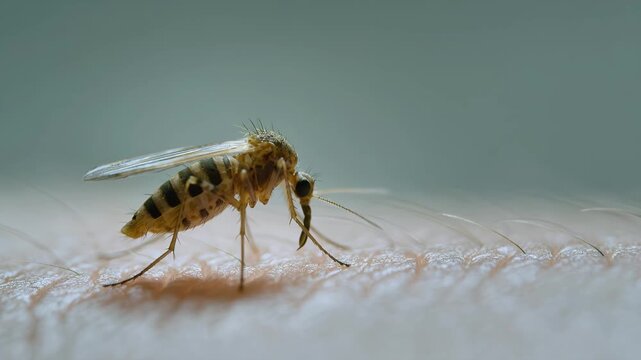 Mosquito on skin, insect bite and malaria with dengue fever or zika virus. Healthcare, infection and pest control with parasite, blood sucking and sting for medical warning, epidemic and health